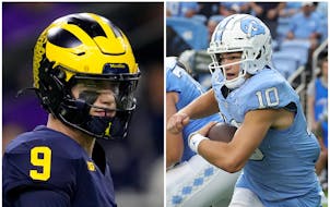 J.J. McCarthy of Michigan, left, and Drake Maye of North Carolina are the NFL quarterback prospects most often linked to the Vikings.