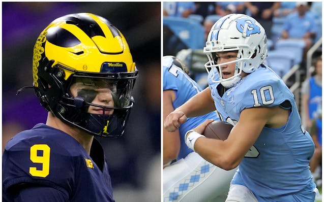 J.J. McCarthy of Michigan, left, and Drake Maye of North Carolina are the NFL quarterback prospects most often linked to the Vikings.