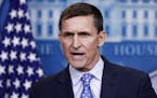 Then-National Security Adviser Michael Flynn speaks during the daily news briefing at the White House, in Washington in February 2017.