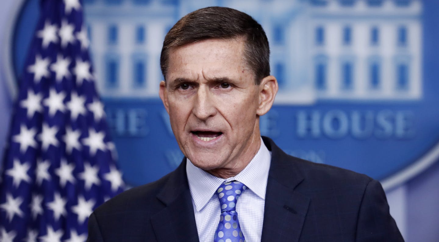 Then-National Security Adviser Michael Flynn speaks during the daily news briefing at the White House, in Washington in February 2017.