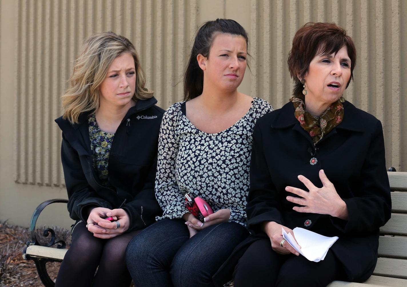 Cheri Ekbom held a copy of the victim impact statement that she read to Brok Junkermeier, the man who pleaded guilty to killing her mother. She was joined by her two daughters, Katie (left), 22, and Molly Ekbom, 20, in Willmar, Minn. ] MCKENNA EWEN mckenna.ewen@startribune.com - April 9, 2014, Minneapolis Star Tribune