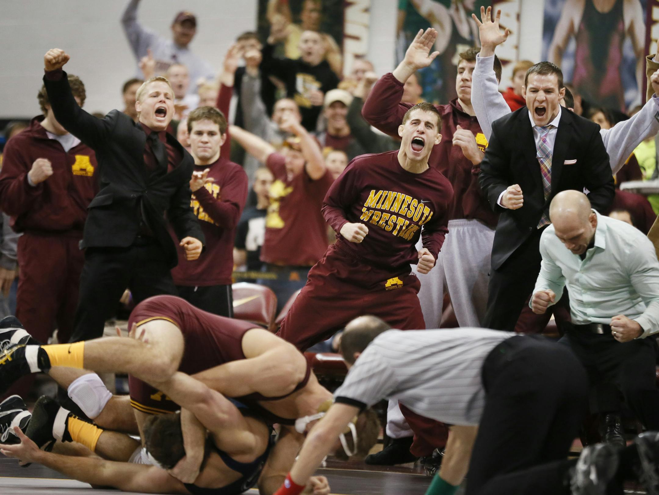 Dylan Ness, at 157 pounds, pinned Penn State's Dylan Alton to give the Gophers the jolt they needed before a full house at the Sports Pavilion.