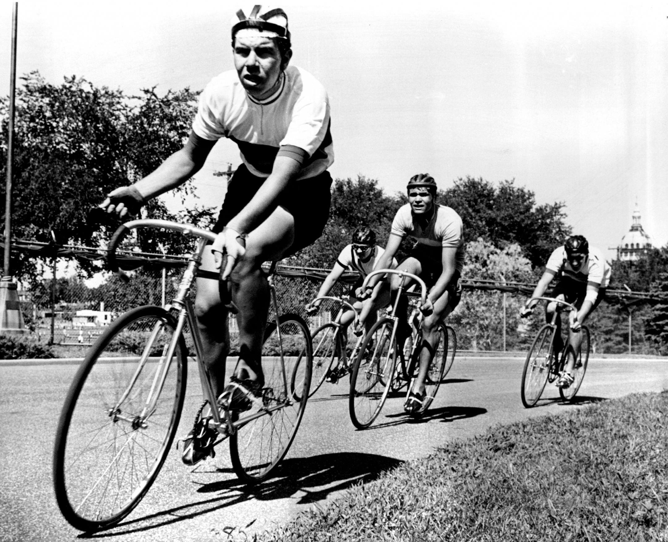 July 27, 1964: Ron Galews leads the bike race at Parade Stadium.