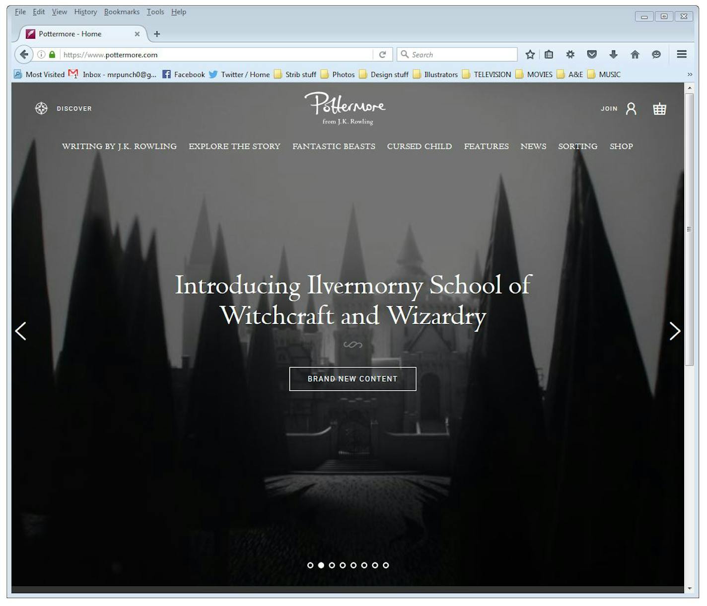 Screenshot of the Pottermore website where J.K Rowling continues to expand the world of Harry Potter.