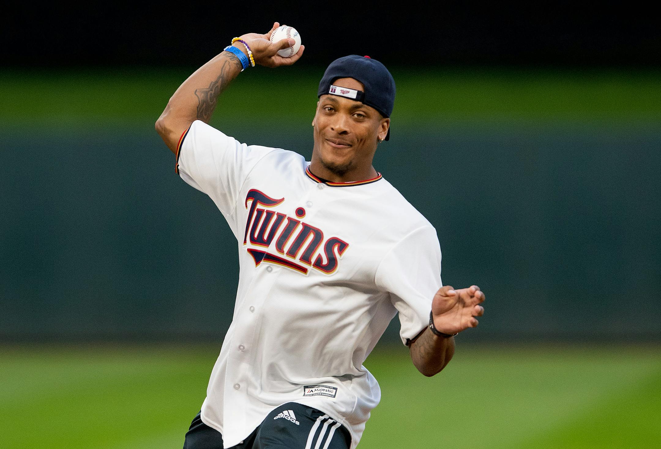 Minnesota Vikings rookie Mike Hughes threw out the ceremonial first pitch before the Twins vs. Yankees game at Target Field Monday night.
