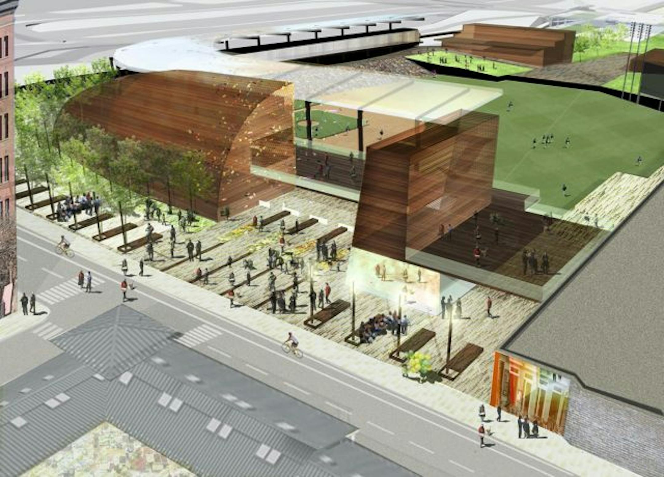 Architects rendering of proposed St. Paul Saints stadium.