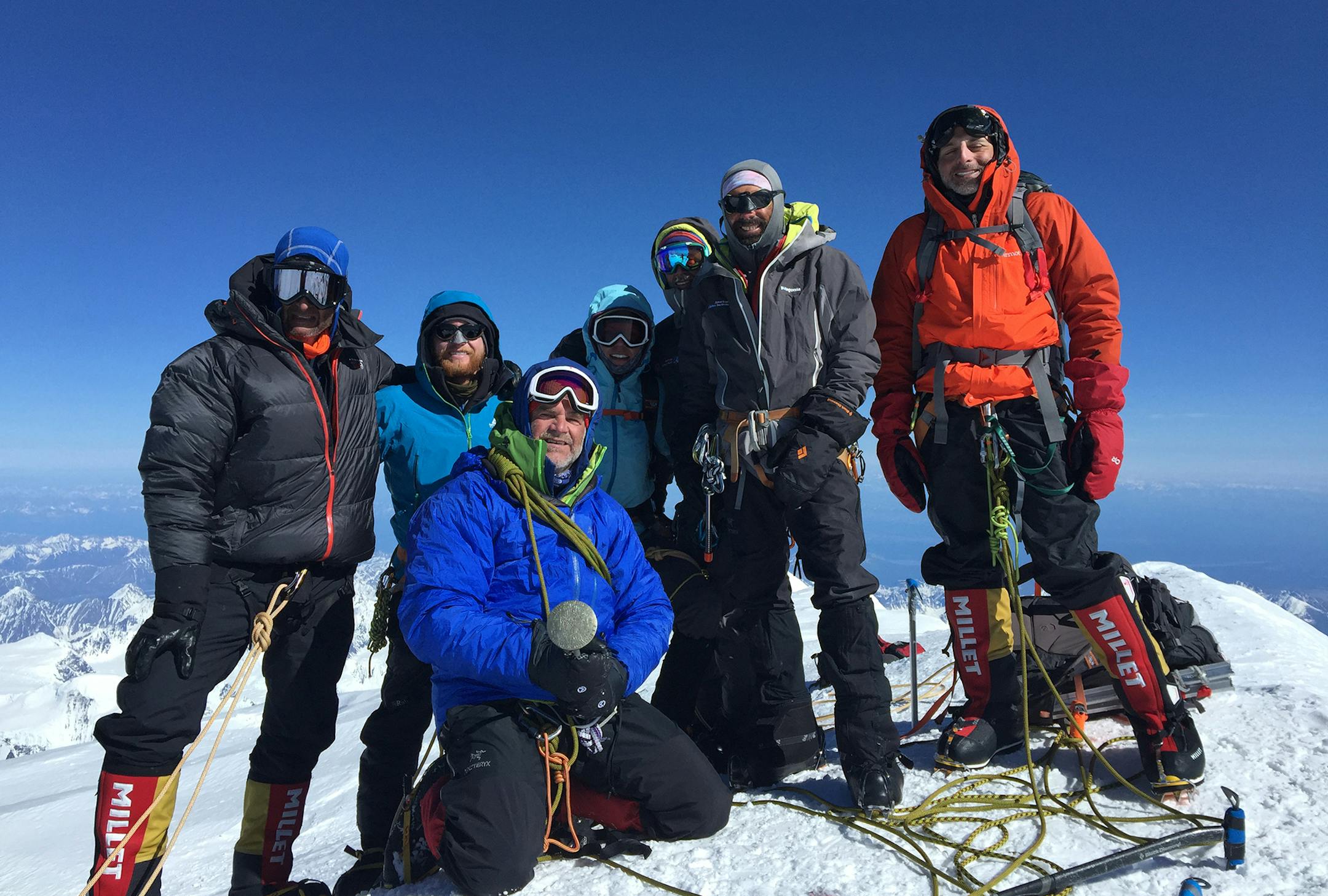 Summit of Denali in June of 2015. Denali is the highest point in the US and the highest point in North America at 20,310 feet. The climbers from left to right are me, Patrick Richards, Alex Von Cramm, Jessica Richards, Britt Ruegger, Higinio Gomzales, and Dan Khouri.