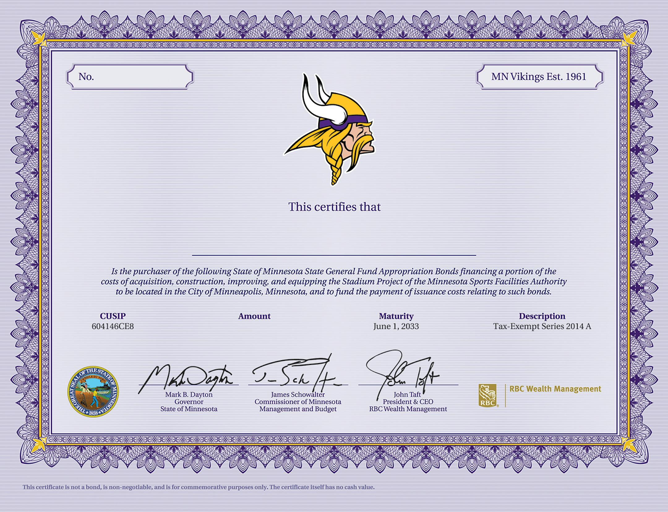 Minnesota Vikings' certificate