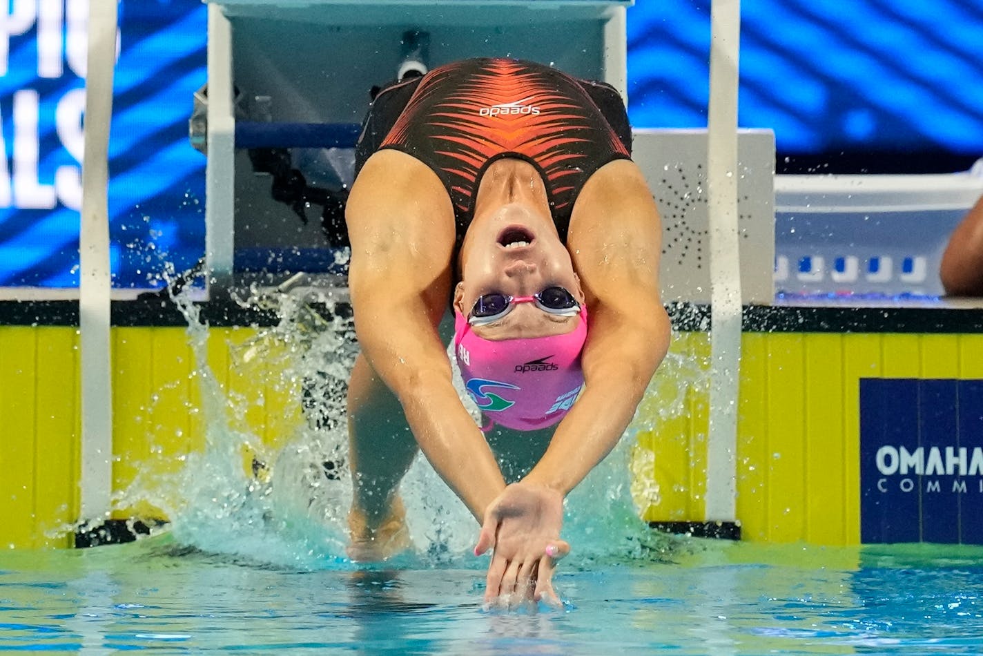 Regan Smith participates in the Women's 100 Backstroke during wave 2 of the U.S. Olympic Swim Trials on Monday, June 14, 2021, in Omaha, Neb. (AP Photo/Charlie Neibergall)