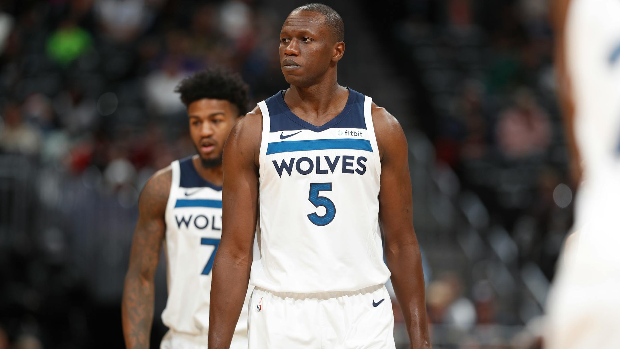 Minnesota Timberwolves center Gorgui Dieng (5) in the second half of an NBA basketball game Friday, Dec. 20, 2019, in Denver. The Nuggets won 109-100. (AP Photo/David Zalubowski)