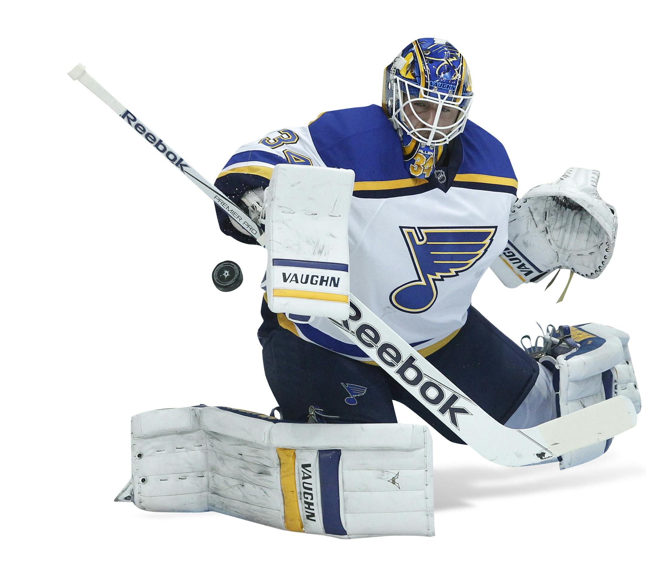 St. Louis Blues goalie Jake Allen blocks a shot against the Dallas Stars in the first period of an NHL hockey game, Sunday, March 15, 2015, in Dallas. (AP Photo/Tim Sharp) ORG XMIT: TXTS101