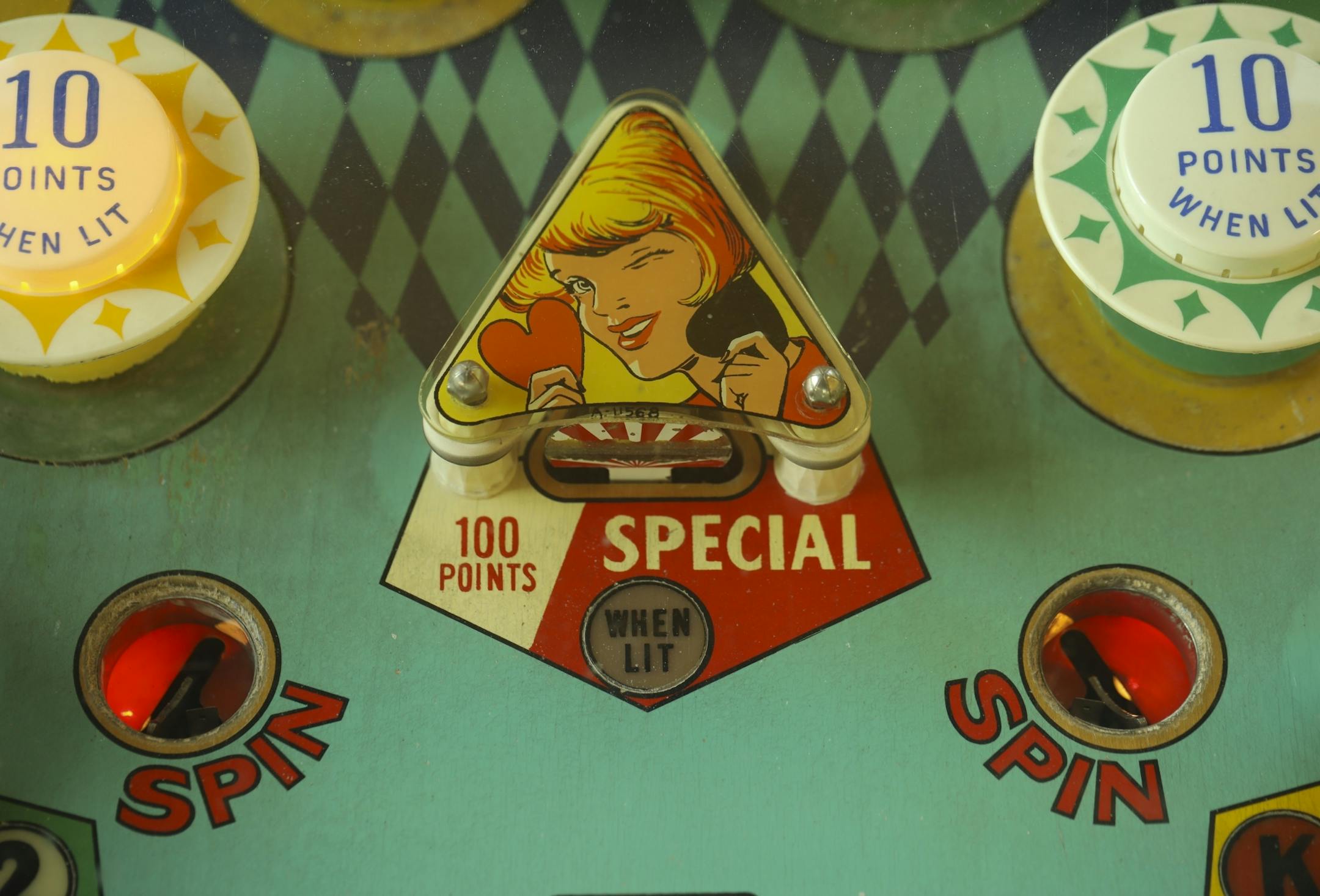 Detail of the playing surface of a Gottlieb's Spin-a-Card pinball machine.