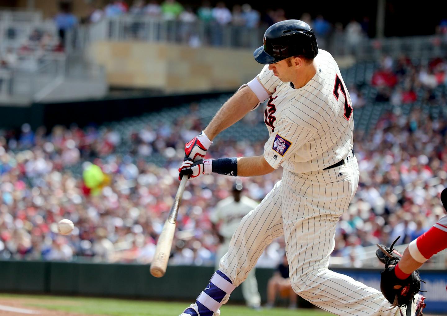 The Minnesota Twins Joe Mauer singles off of Los Angeles Angels starting pitcher Jered Weaver during the first inning Saturday, April 16, 2016, at Target Field in Minneapolis, MN.