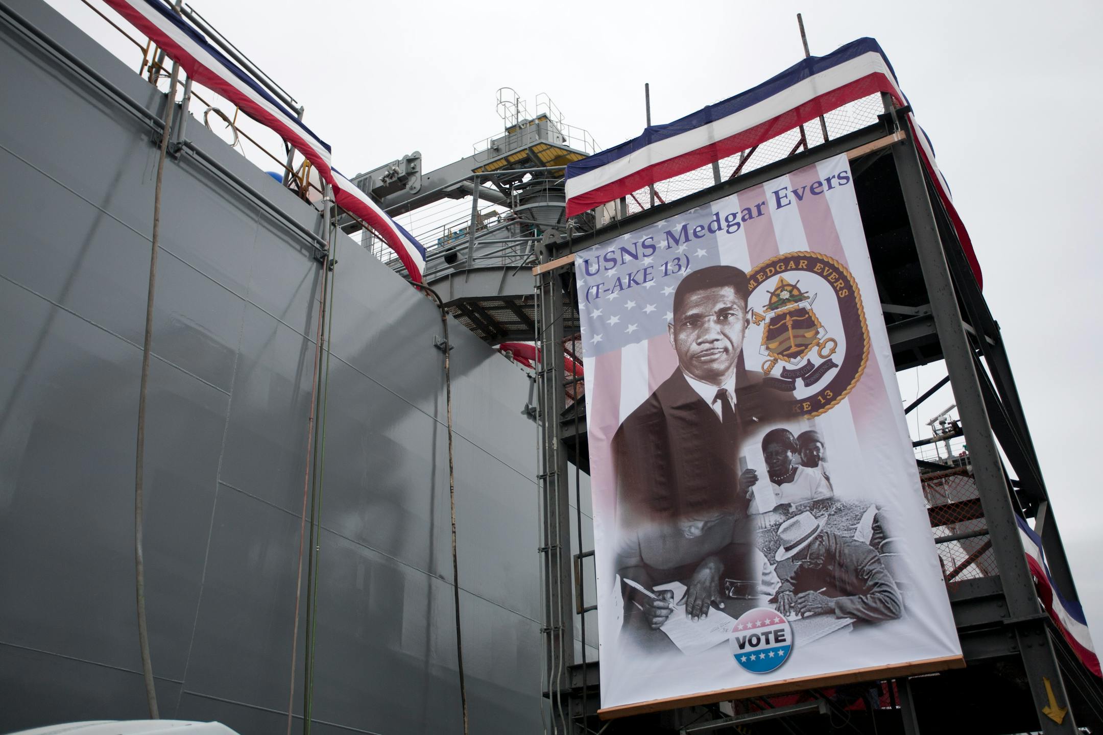 The U.S. Navy's newest supply ship, the USNS Medgar Evers, sits docked after its christening Saturday, Nov. 12, 2011, in San Diego. Myrlie Evers-Williams, widow of African American activist Medgar Evers, christened the ship. (AP Photo/Chris Park)