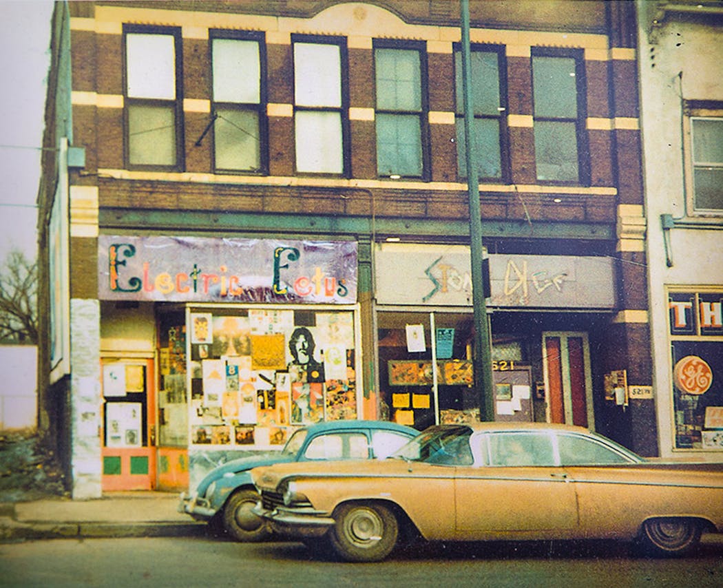 A photo of the Electric Fetus in its original location, at 521 Cedar Av. S. in Minneapolis, is on display at the current store.