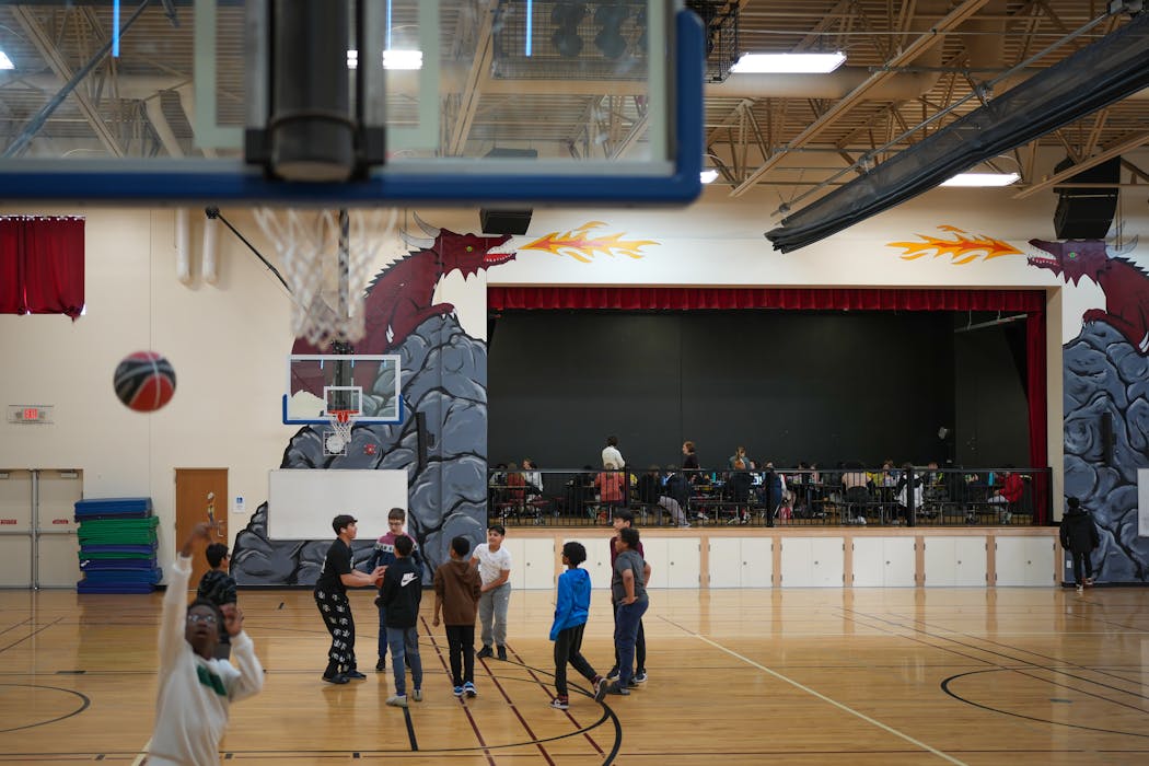 The lunchroom at the Math and Science Academy in Woodbury doubles as the school stage. Students can play basketball in the adjacent gym when they are done eating.
