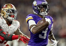 Minnesota Vikings receiver Jordan Addison (3) catches touchdown pass in the first quarter Monday, October 23, 2023, at U.S. Bank Stadium in Minneapoli