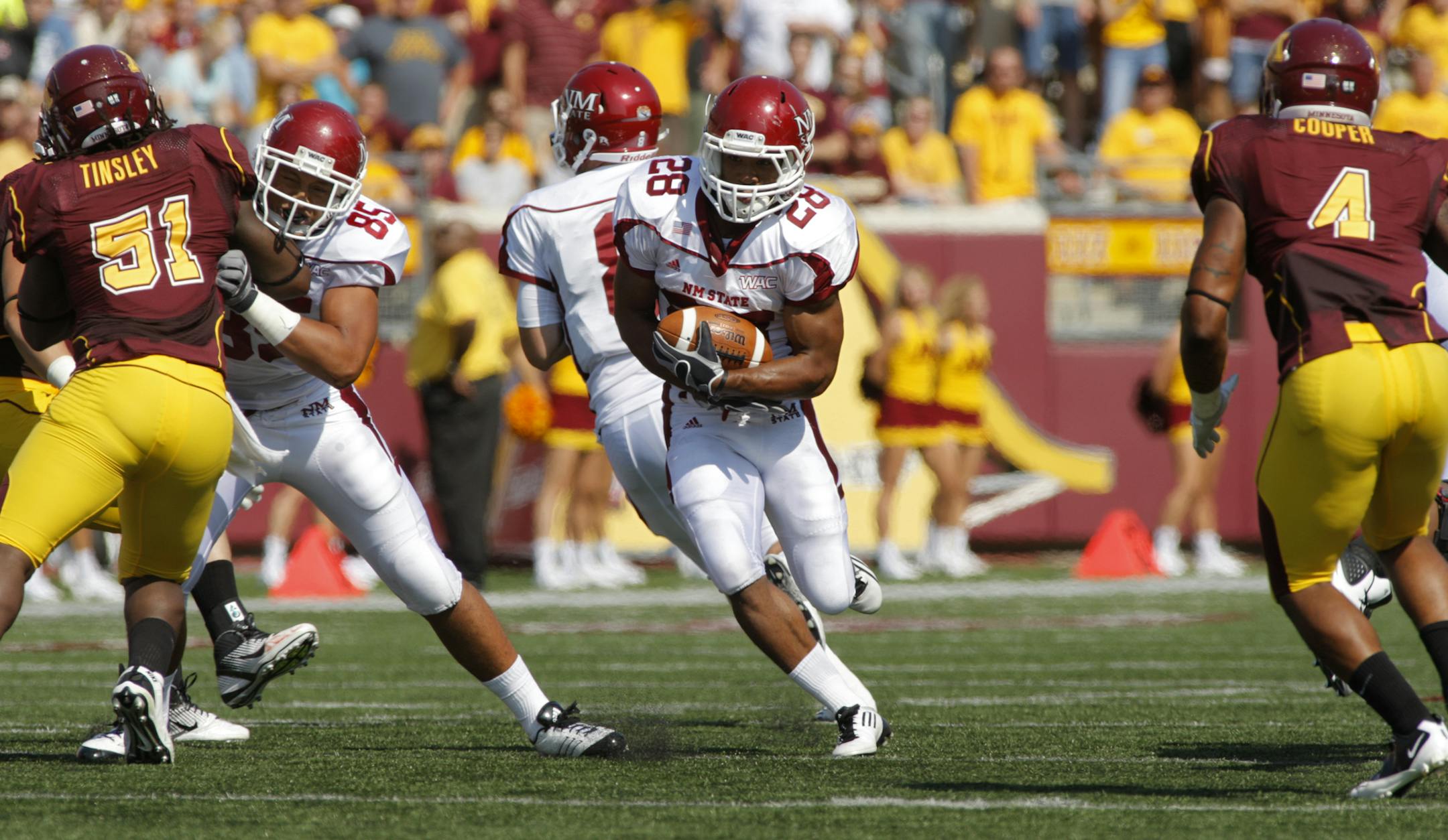 New Mexico State running back Robert Clay plays against Minnesota during an NCAA college football game, Saturday, Sept. 10, 2011 in Minneapolis. (AP Photo/Paul Battaglia) ORG XMIT: MNPB10X