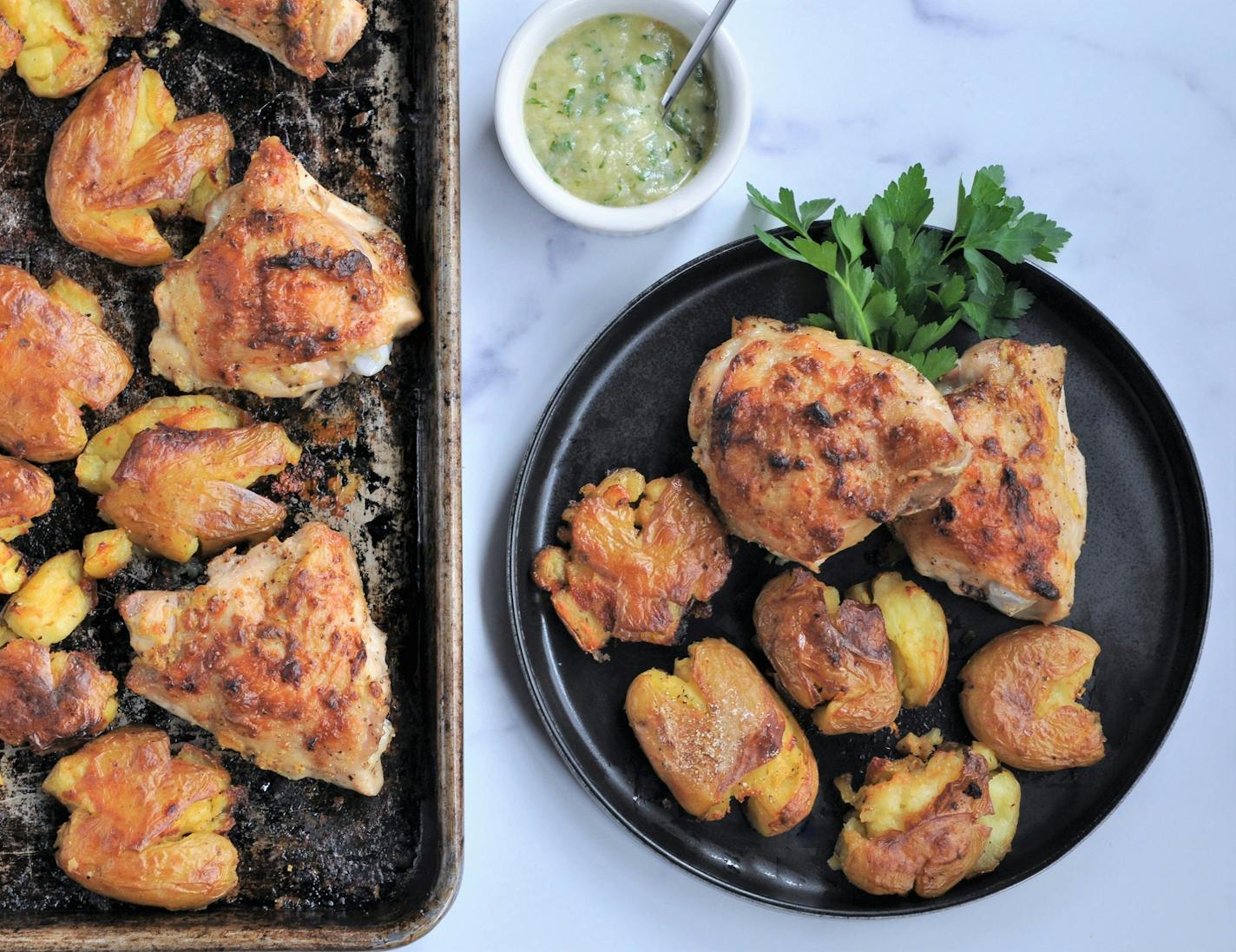 Sheet Pan Roasted Lemon Dijon Chicken Thighs with Smashed Potatoes for Dinner Tonight column. Credit: Meredith Deeds, Special to the Star Tribune