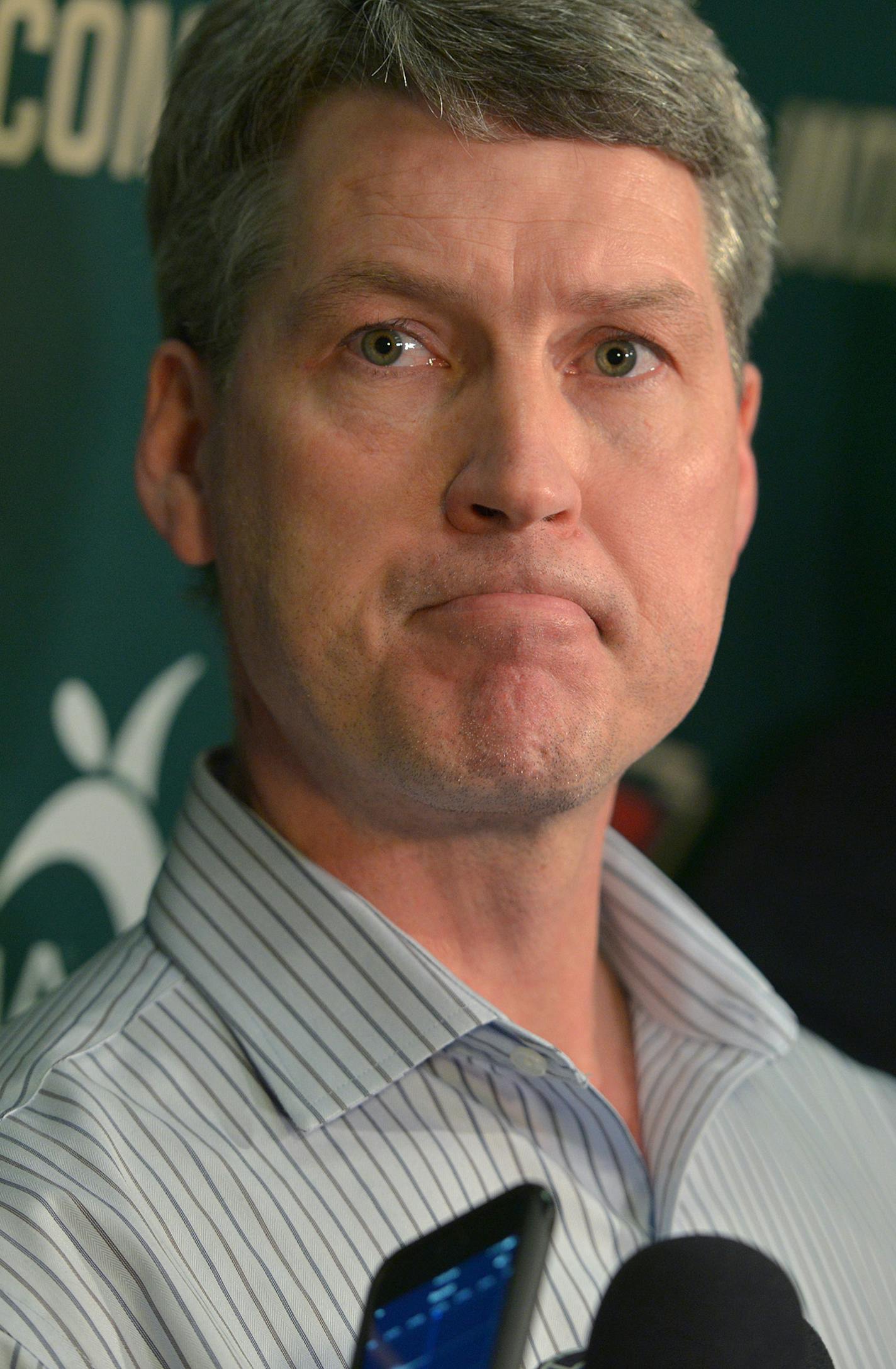 Minnesota Wild General Manager, Chuck Fletcher, addresses the press Sunday, February 14 at Braemer Arena in Edina, the morning after firing Wild Head Coach Mike Yeo. John Torchetti has been named interim head coach ] (SPECIAL TO THE STAR TRIBUNE/BRE McGEE) **Chuck Fletcher (Wild GM), John Torchetti (not pictured, Wild interim head coach), Mike Yeo (former Wild head coach, not pictured)