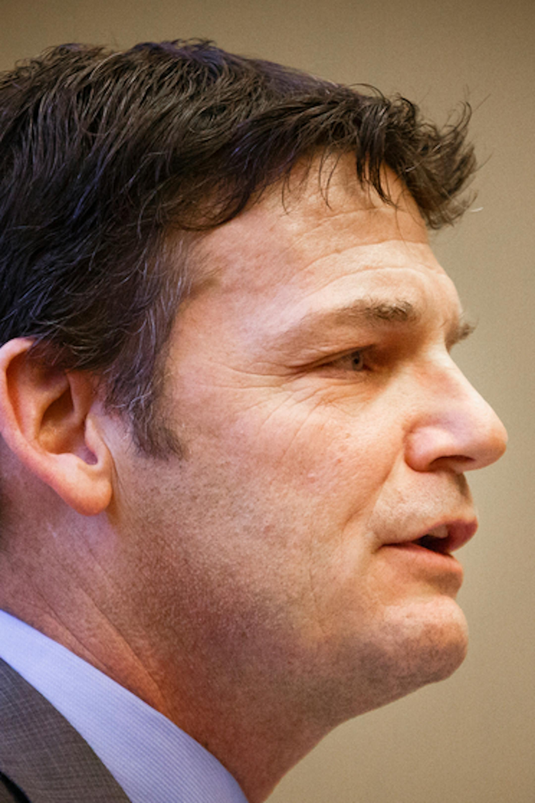 Entrepreneurship professor Alec Johnson speaks at the Fowler Business Concept Challenge on November 15, 2013, at the auditorium in Schulze Hall on the Minneapolis campus. The Fowler Challenge invites UST students to develop business concepts. Winners of the annual event receive University of St. Thomas scholarships.