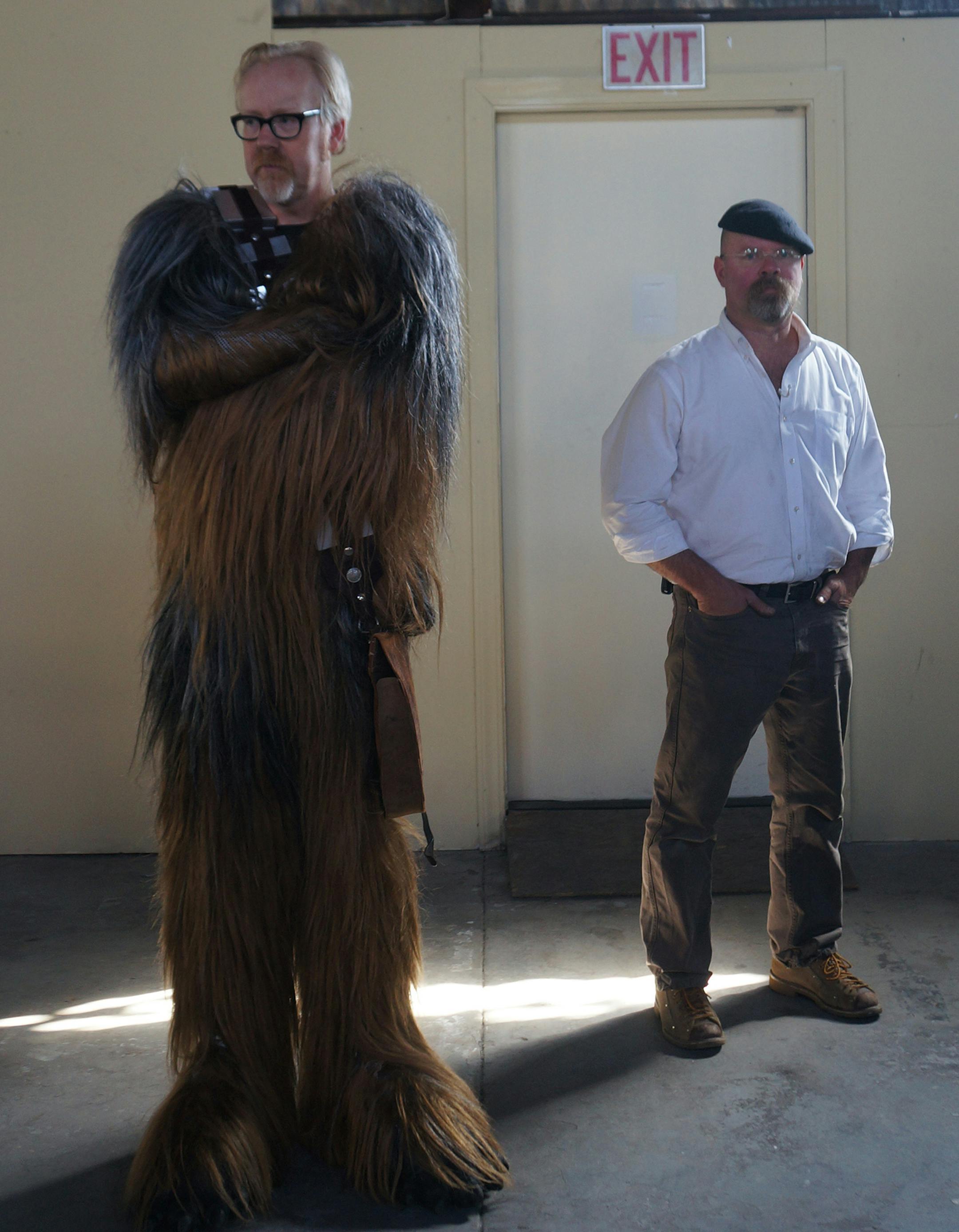 Discovery Channel "Mythbusters" host Adam Savage in a Chewbacca costume with host Jamie Hyneman. ORG XMIT: Producer Deliverable