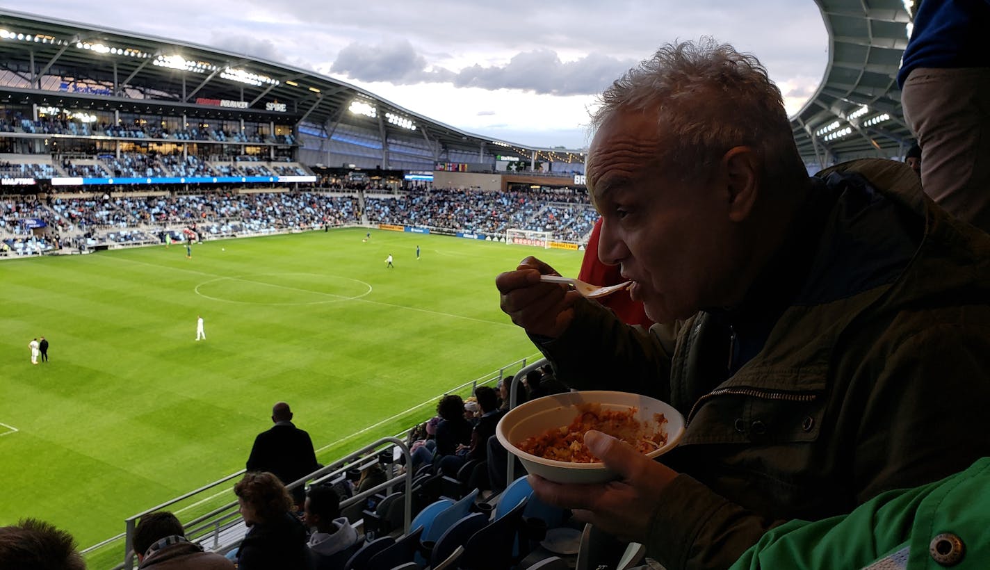 Photo provided by Ahmed Tharwat
The author breaking a Ramadan fast during a soccer game at Allianz Field. Because that's when it was time.