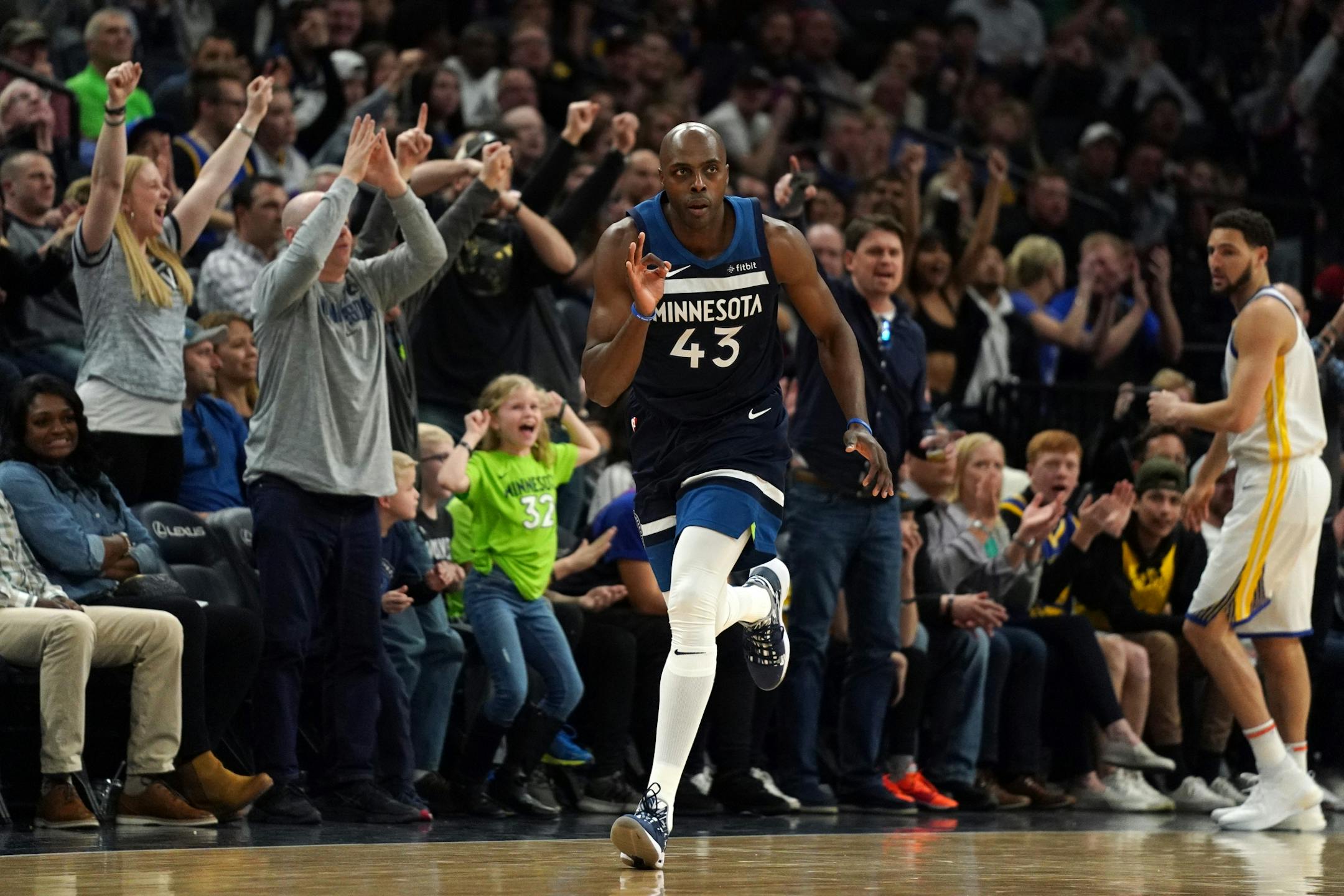 Minnesota Timberwolves forward Anthony Tolliver (43) celebrated after hitting a three point shot in overtime.
