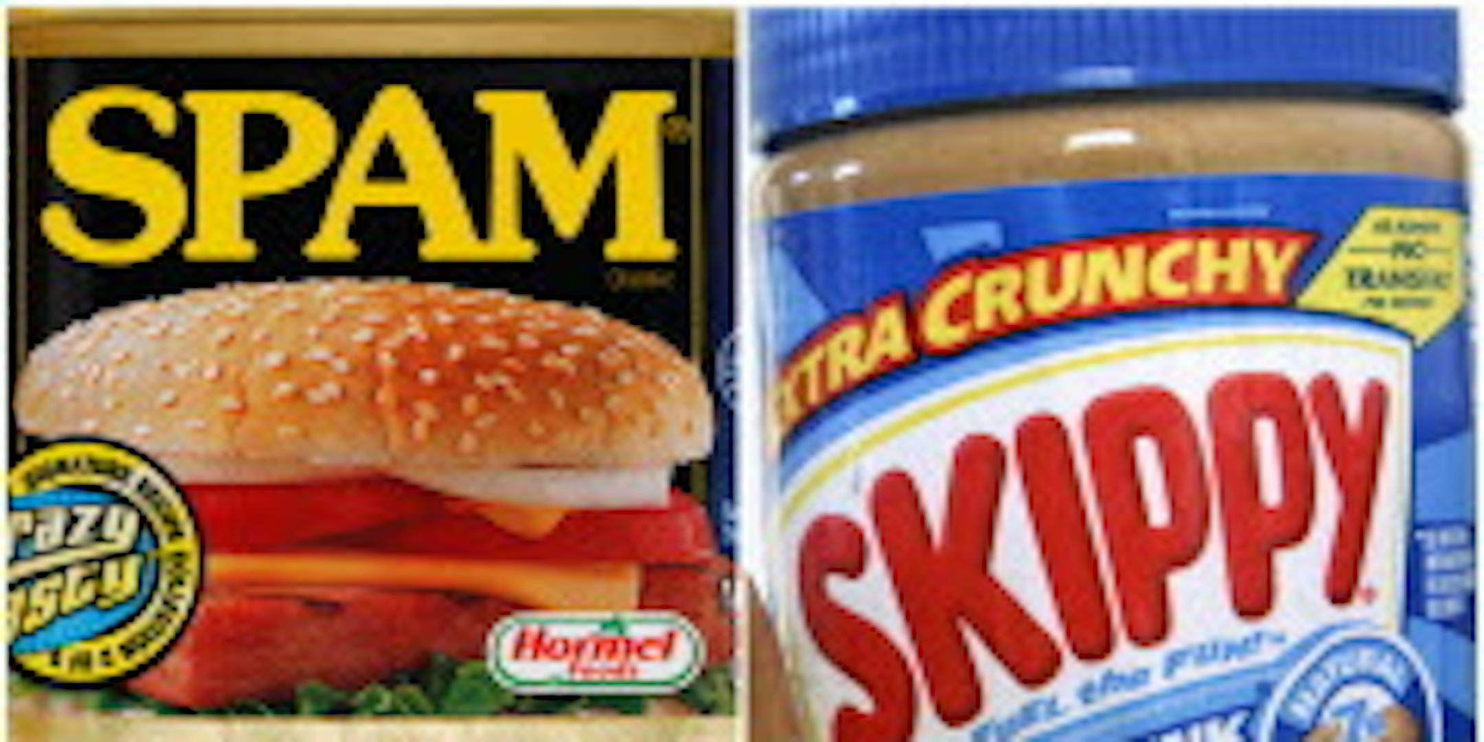This combination of Associated Press file photos shows a can of Spam and a 16.3 ounce jar of Skippy peanut butter.