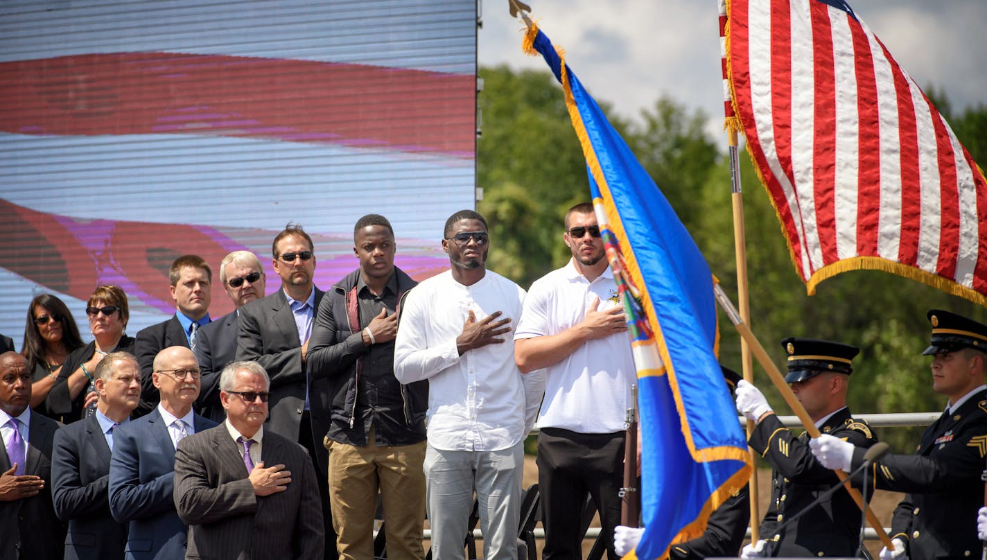 Players Teddy Bridgewater, Laquon Treadwell and Harrison Smith covered hearts with hands as colors advanced. ] GLEN STUBBE * gstubbe@startribune.com Tuesday, August 2, 2016 The Minnesota Vikings, along with partners Kraus-Anderson, Crawford Architects and the City of Eagan, officially broke ground on the team's new practice facility and headquarters. Open to the media, the groundbreaking ceremony is scheduled to include remarks from NFL Commissioner Roger Goodell, City of Eagan Mayor Mike Maguir