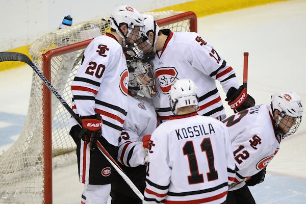 St. Cloud State Huskies players were dejected after falling to the Ferris State Bulldogs in overtime 5-4 Saturday.