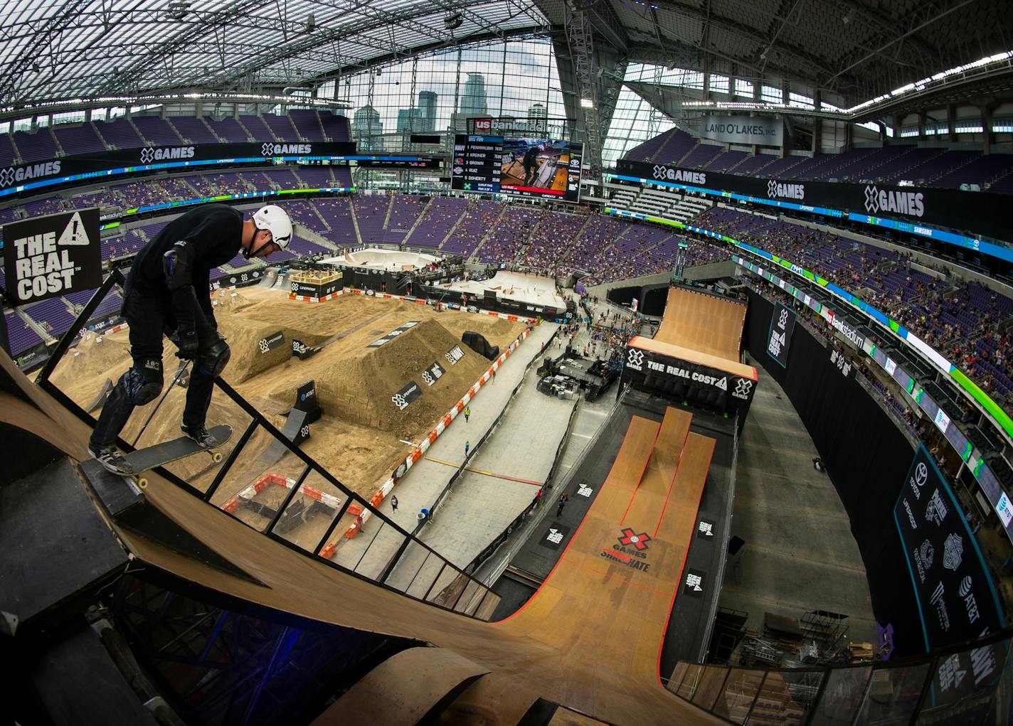 Brazil's Leonardo Ruiz dropped into the "Big Air" ramp during Friday afternoon's skateboarding big air qualifiers at US Bank Stadium during the X Games.