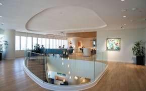 The break room and central stairway at the Maslon LLP law offices in Minneapolis.