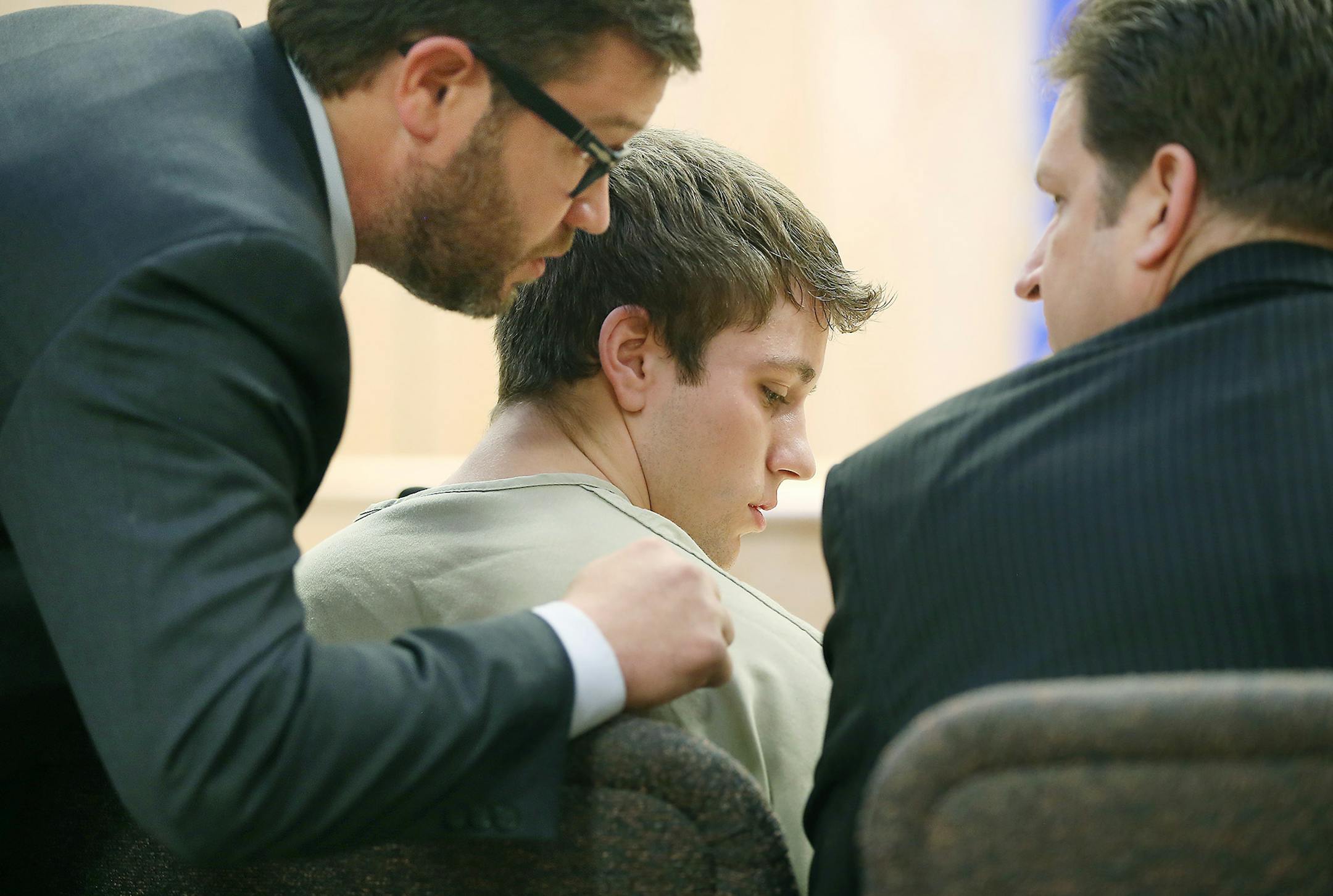 Defense attorneys Eric Nelson, left, and Douglas Hazleton, before presenting arguments in the case against Levi Acre-Kendall, center, in the April stabbing of Peter Kelly, Wednesday, July 15, 2015 in Balsam Lake, Wis. ] (ELIZABETH FLORES/STAR TRIBUNE) ELIZABETH FLORES • eflores@startribune.com