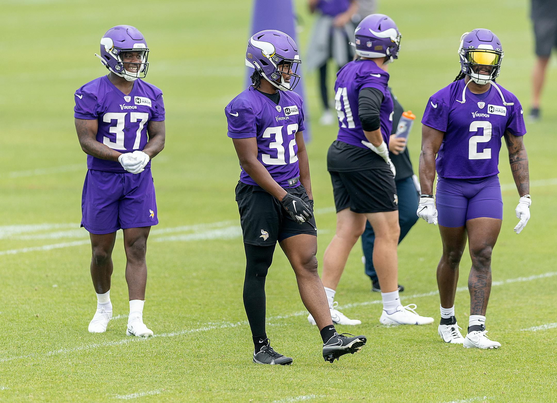 Vikings running backs DeWayne McBride, left, Ty Chandler, center, and Alexander Mattison, run through drills during practice at the TCO Performance Center in Eagan, Minn., on Tuesday, June 6, 2023.