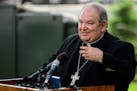 Archbishop Bernard Hebda speaks to the media during a news conference on May 31, 2018, in St. Paul, Minn. Hebda is asking priests in Minnesota to forg