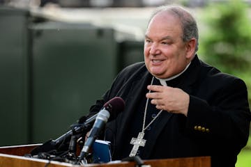 Archbishop Bernard Hebda speaks to the media during a news conference on May 31, 2018, in St. Paul, Minn. Hebda is asking priests in Minnesota to forg