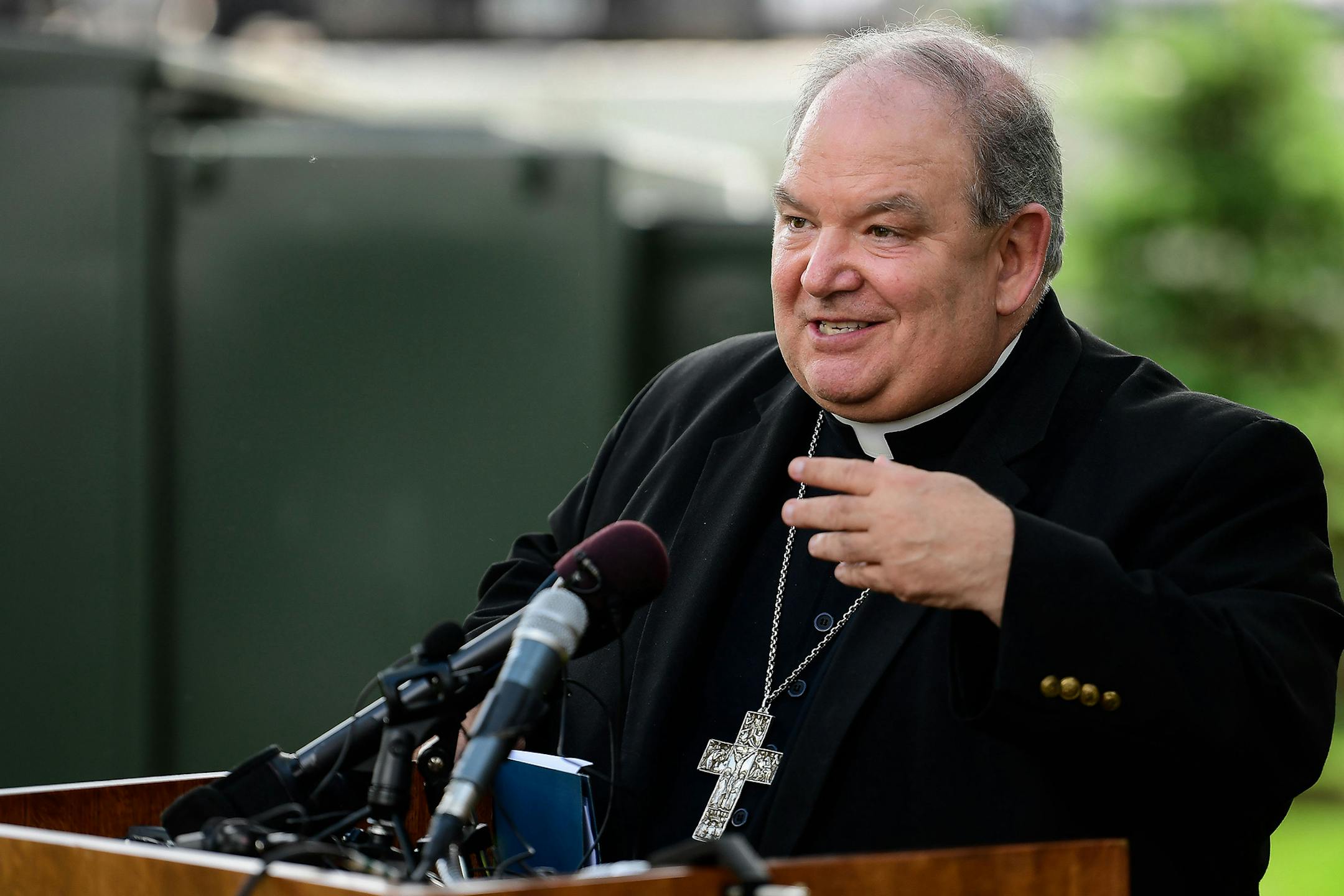 Archbishop Bernard Hebda speaks to the media during a news conference on May 31, 2018, in St. Paul, Minn. Hebda is asking priests in Minnesota to forgo voting in the presidential primary election on Super Tuesday. (Aaron Lavinsky/Minneapolis Star Tribune/TNS) ORG XMIT: 1588903