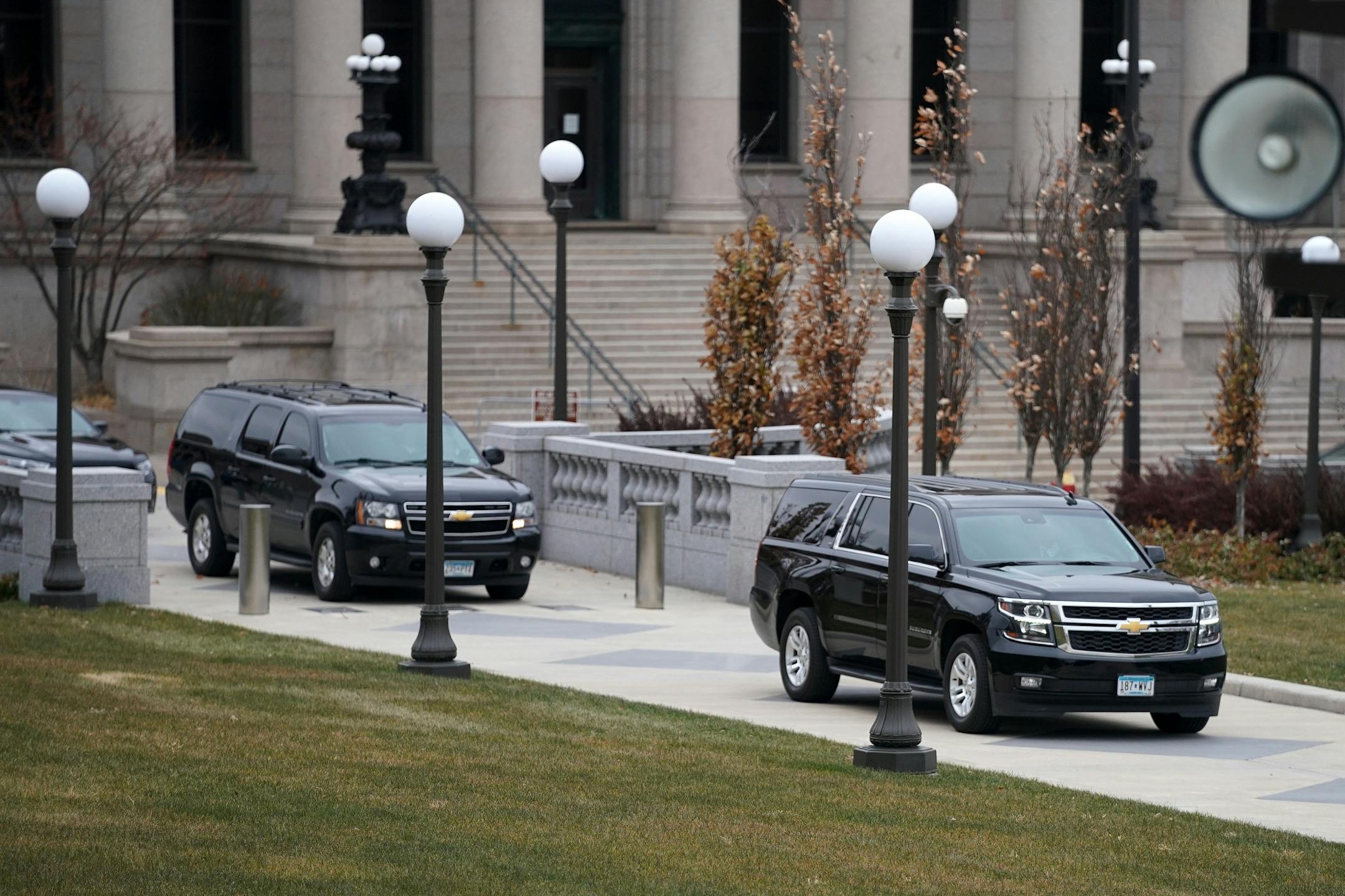 Gov.-elect Tim Walz, his wife Gwen, and Lt. Gov.-elect Peggy Flanagan arrived at the State Capitol in a motorcade Thursday morning.