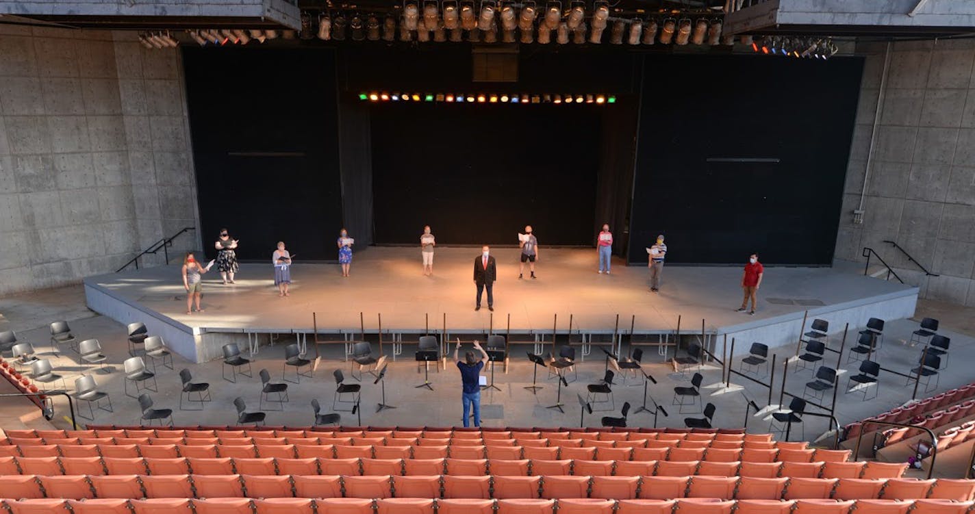 Socially distanced rehearsal of "Tosca" for Northern Lights Festival. Photo by Jonathan Cleghorn