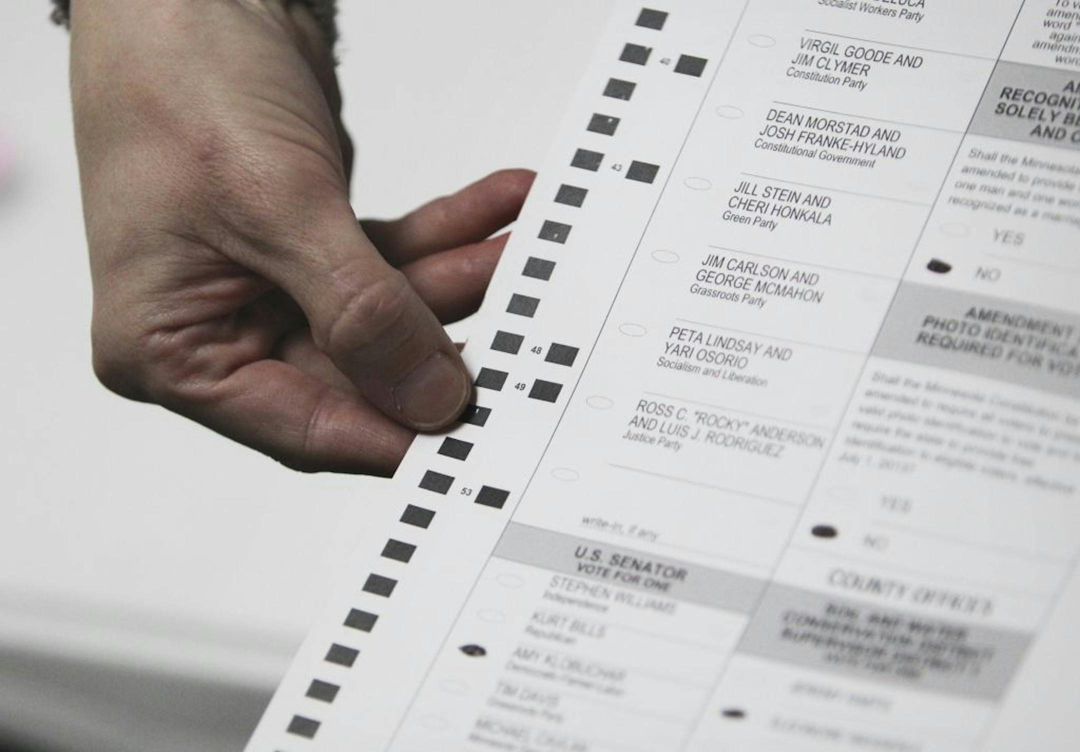Rachel Smith pointed to a white spot on a ballot that caused it to be rejected by one of the city's optical ballot scanners – which are 13 years old – on election night. About 5,500 of the ballots require counting by hand.