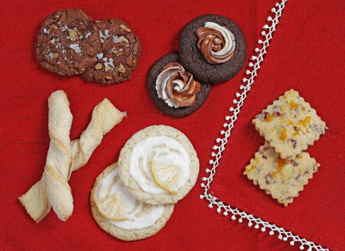 Chocolate Toffee Cookies, Cranberry Cornmeal Shortbread Cookies (winner), German Sour Cream Twists, Limoncello Kisses and Mocha Cappuccino Cookies from 2017.