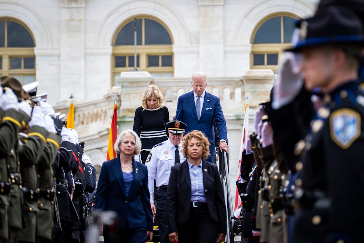 President Joe Biden and first lady Jill Biden arrive at the National Peace OfficersÕ Memorial Service at the Capitol in Washington on Sunday, May 15, 2022. (Pete Marovich/The New York Times)