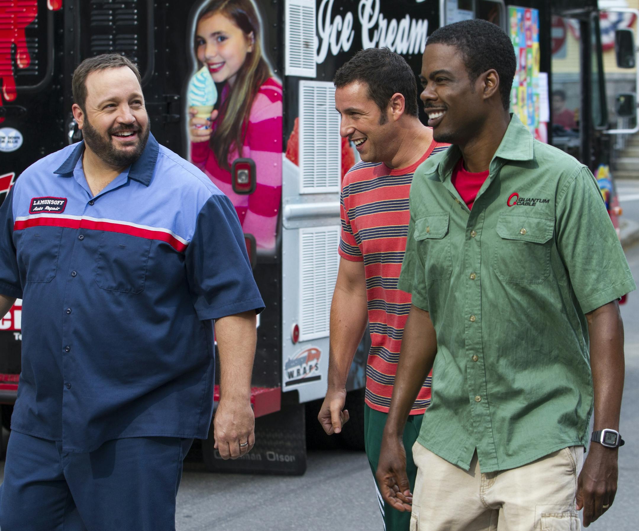This film publicity image released by Columbia Pictures shows, from left, Kevin James, Adam Sandler and Chris Rock in a scene from "Grown Ups 2." (AP Photo/Sony - Columbia Pictures, Tracy Bennett)