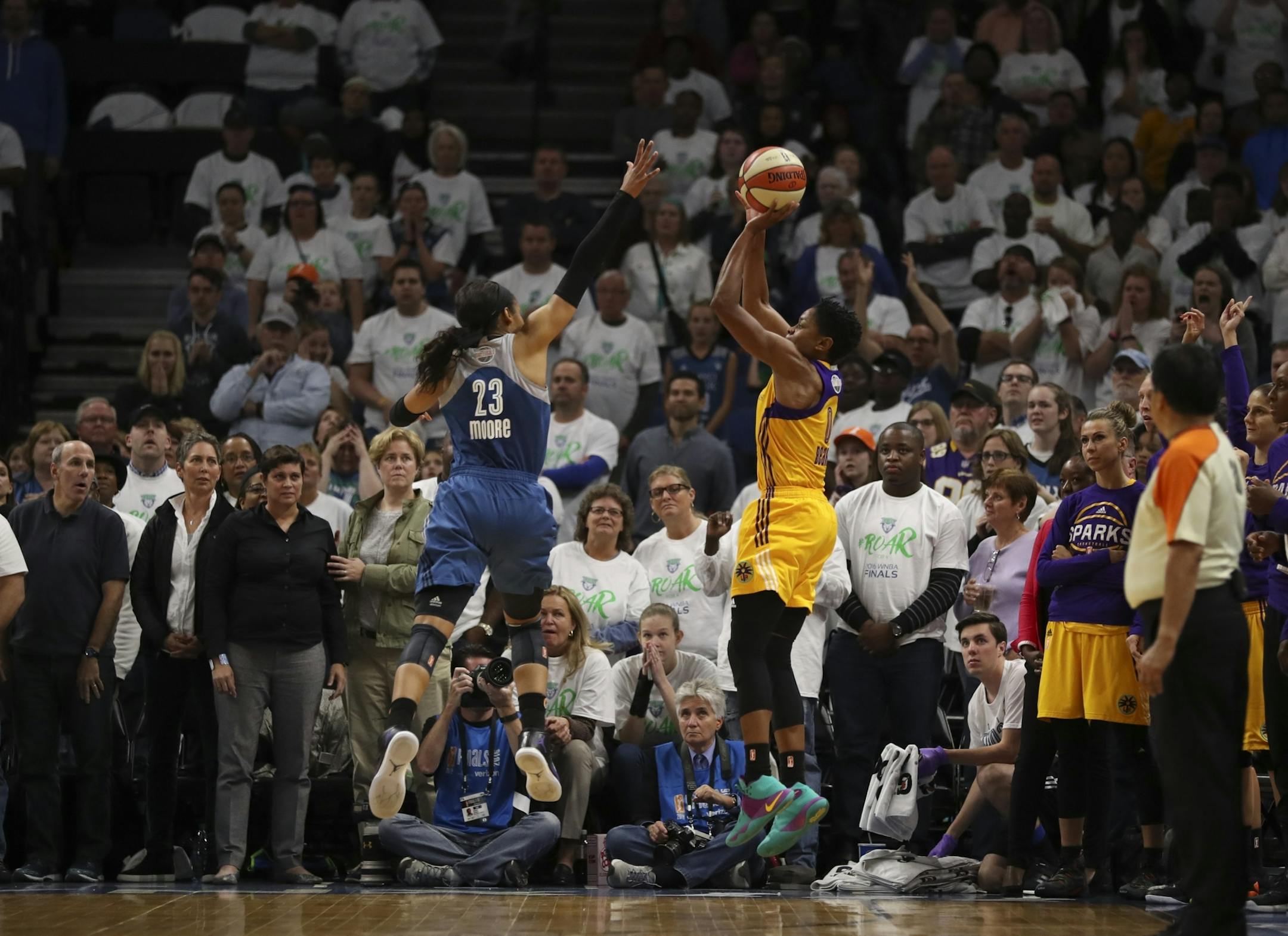 Los Angeles Sparks forward Nneka Ogwumike (30) released the game winner just before the buzzer while defended by Minnesota Lynx forward Maya Moore