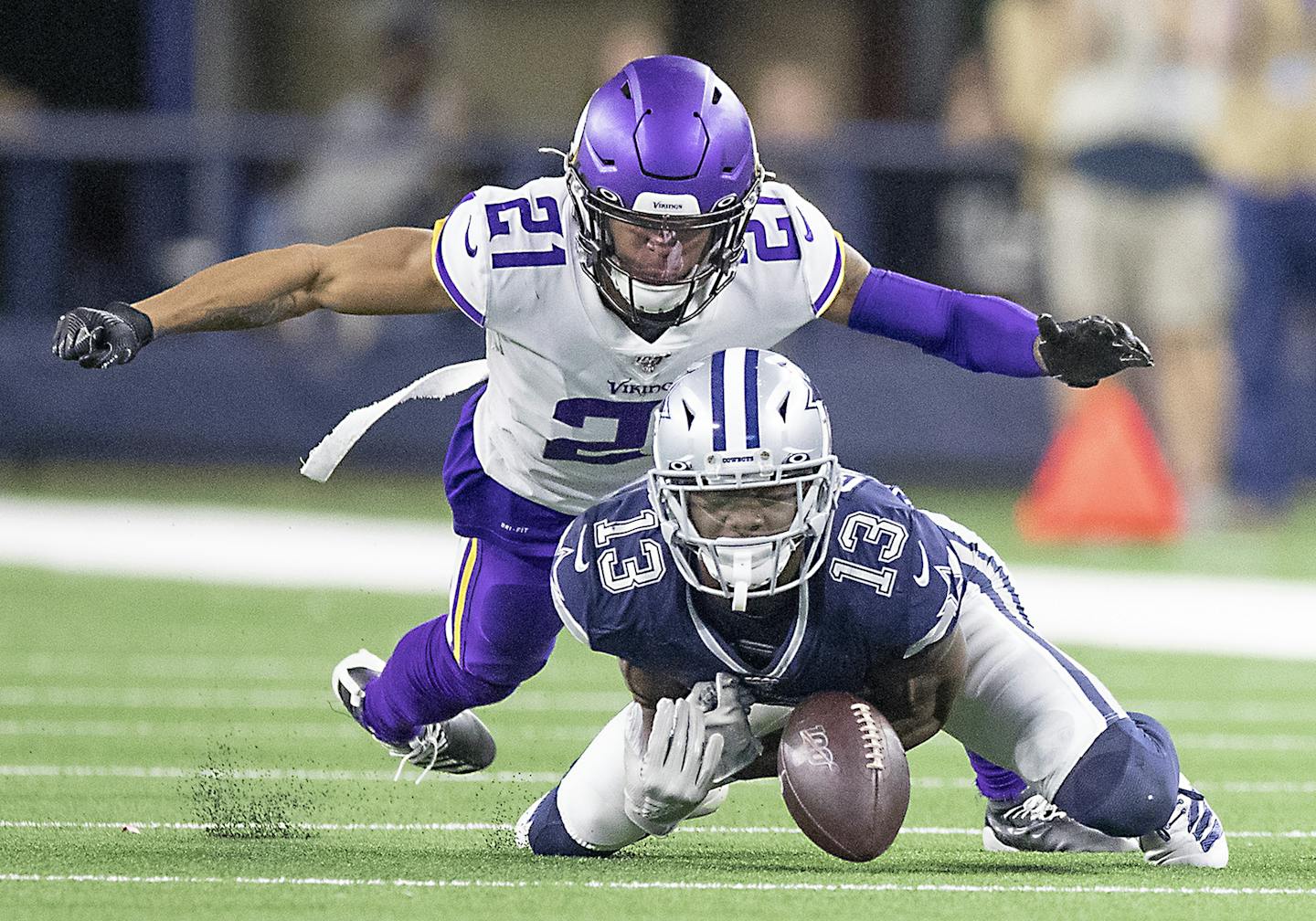 Minnesota Vikings' cornerback Mike Hughes stopped a pass intended for Dallas Cowboys' wide receiver Michael Gallup in the third quarter. ] ELIZABETH FLORES • liz.flores@startribune.com Vikings at Dallas Cowboys at AT&T Stadium, Sunday, November 10, 2019 in Arlington, TX. ORG XMIT: MIN1911102321251875