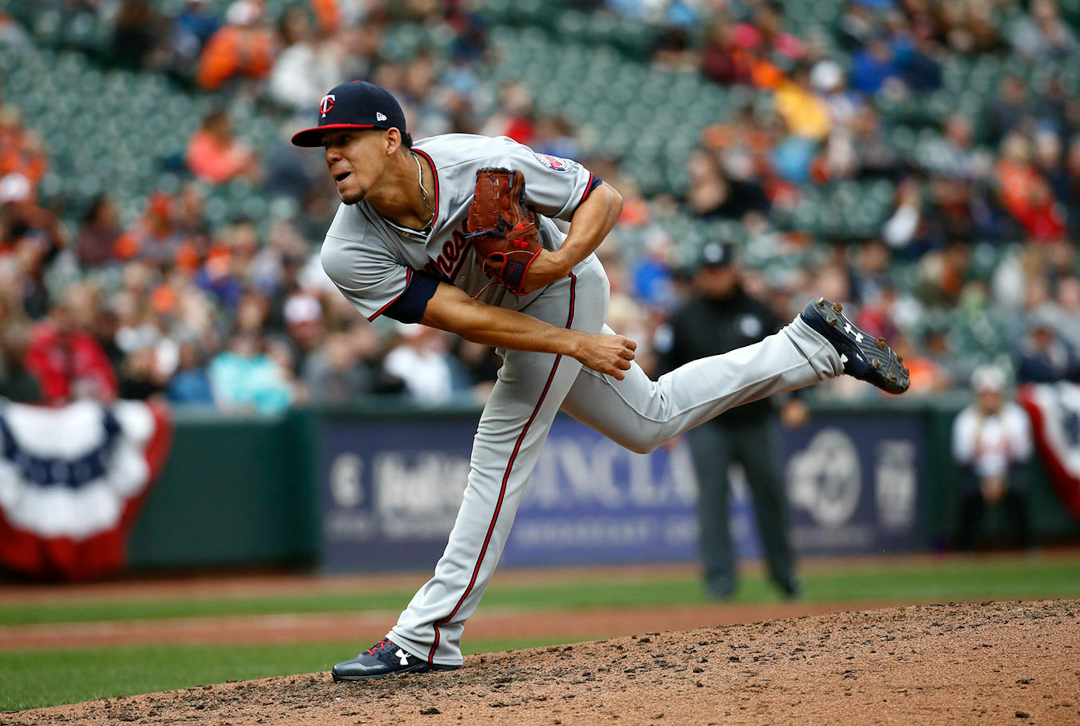 Minnesota Twins starting pitcher Jose Berrios follows through on a pitch to the Baltimore Orioles in the sixth inning of a baseball game, Sunday, April 1, 2018, in Baltimore.