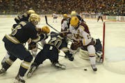 The Gophers' Seth Ambroz was tangled up in blue while trying to get a handle on a loose puck next to the Fighting Irish net during a 2014 game. Now th