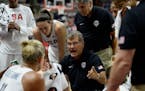 United States coach Geno Auriemma talks to his team during the first half of an exhibition basketball game against Canada, Friday, July 29, 2016, in B