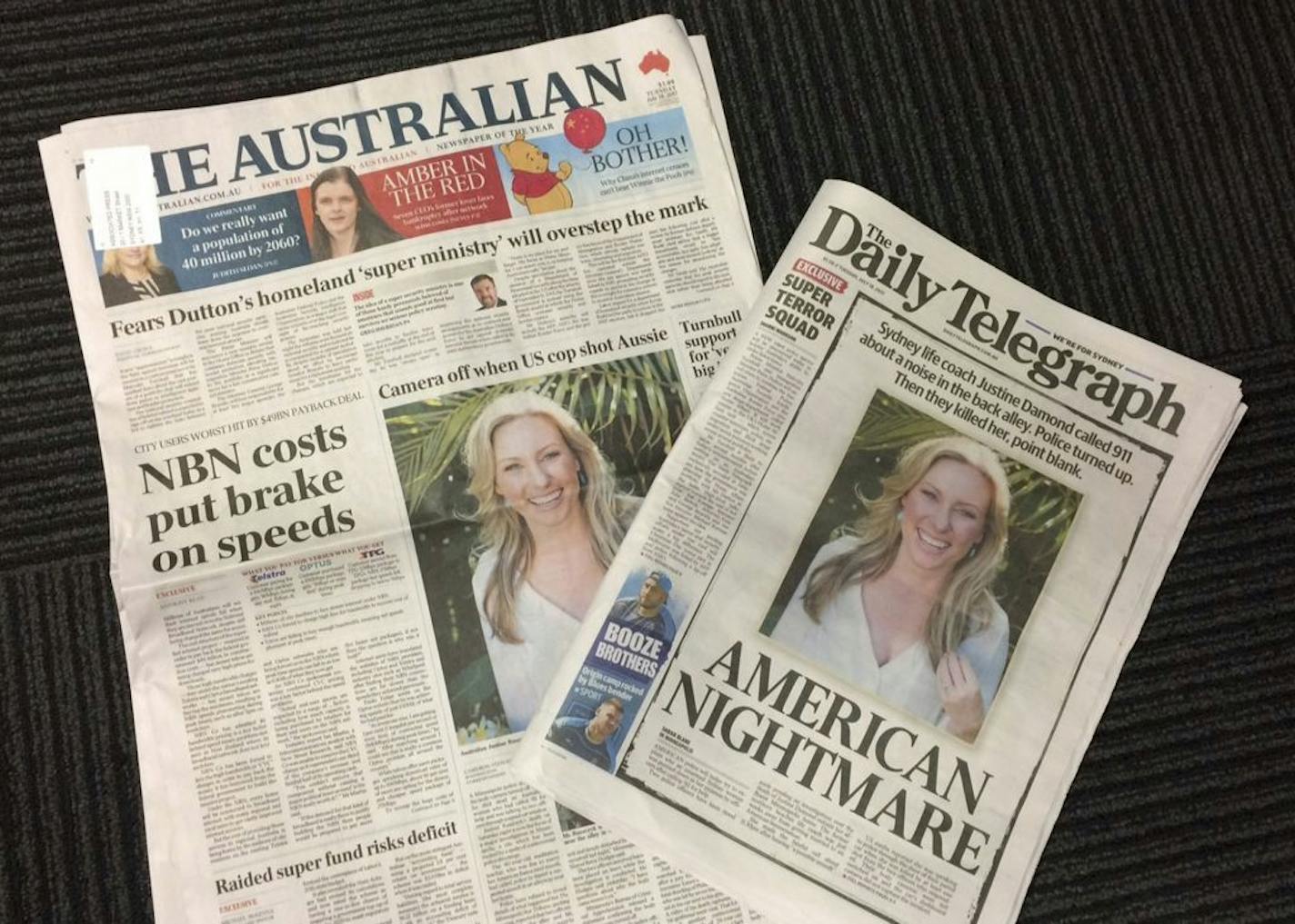 Front pages of two Australian newspapers on Tuesday, July 18, 2017, featuring photos and story of the shooting death of Australia's Justine Damond who was shot dead by a Minneapolis police officer on Saturday. Australia's airwaves, newspapers and websites have been dominated by the news of Damond's death which has stunned many in her native Australia and fed into Australians' darkest fears about America's culture of gun violence.